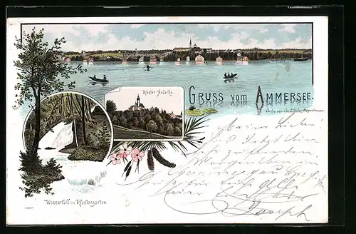 Lithographie Andechs, Kloster Andechs, Wasserfall im Klostergarten, Ammersee