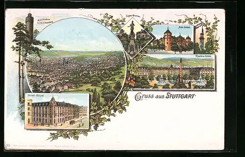 Lithographie Stuttgart, Hotel Royal, Aussichtsturm auf dem Hasenberg, Altes Schloss und Residenzschloss