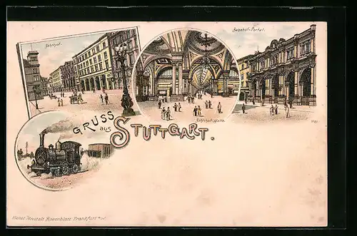 Lithographie Stuttgart, Bahnhof mit Innenansicht, Portal und Dampflokomotive