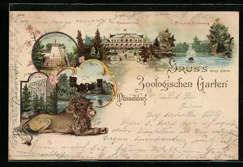 Lithographie Düsseldorf, Zoologischer Garten, Löwe, Vogelhaus, Kamel- und Elefantenhaus, Restaurant, Ruine