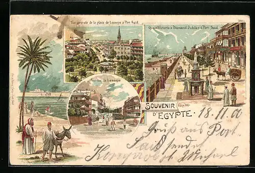 Lithographie Port Said, Vue générale de la place de Lesseps, Queen Victorias Diamand Jubilee, Avenue de Lesseps