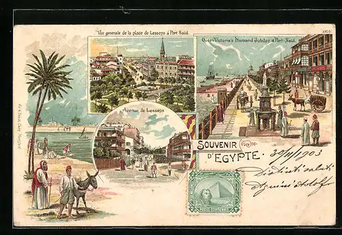 Lithographie Port Said, Vue générale de la place de Lesseps, Queen Victorias Diamand Jubilee, Avenue de Lesseps