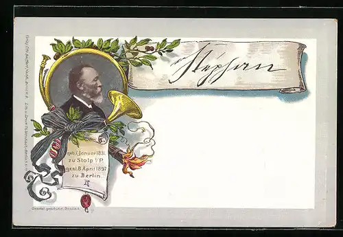 Lithographie Ganzsache PP9C23 /01: Portrait von Heinrich von Stephan im Profil, Ansichtskartengeschichte