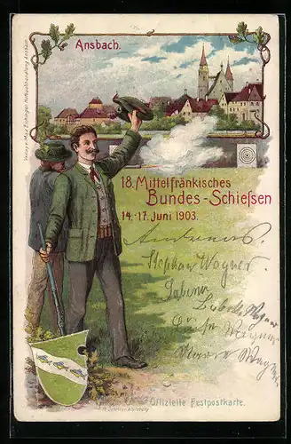 Lithographie Ganzsache Bayern PP15C50 /01: Ansbach, 18. Mittelfränkisches Bundes-Schiessen 1903, Grüssender Schütze