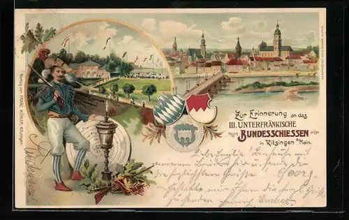 Lithographie Ganzsache Bayern PP15C31: Kitzingen a. M., 3. Unterfränkisches Bundesschiessen 1900, Schütze mit Scheibe