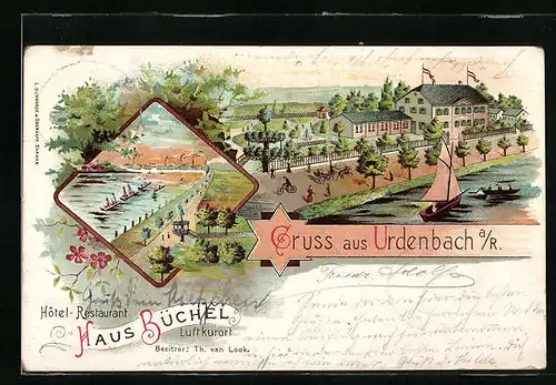 Lithographie Urdenbach a. R., Hotel-Restaurant Hans Büchel, Uferpartie mit Booten