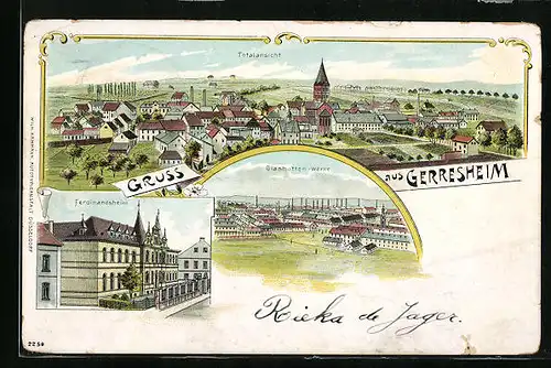 Lithographie Gerresheim, Glashütten-Werke, Ferdinandsheim, Totalansicht