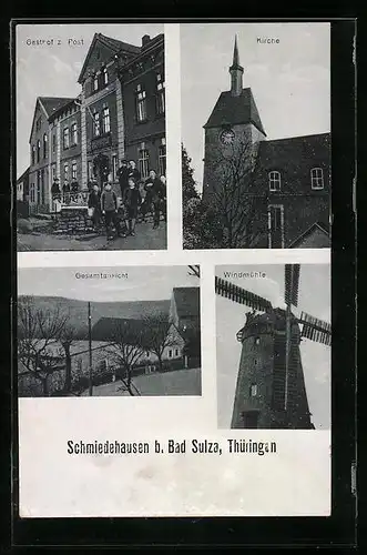 AK Schmiedehausen bei Bad Sulza /Th., Gasthof zur Post, Gesamtansicht, Windmühle