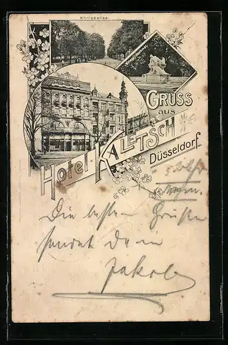 Passepartout-AK Düsseldorf, Hotel Kaletsch, Königsallee und Kriegerdenkmal