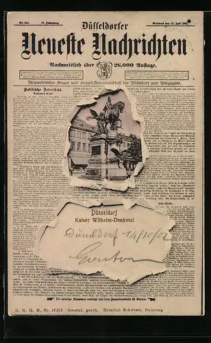 Zeitung-AK Düsseldorf, Kaiser Wilhelm-Denkmal, Düsseldorfer Neueste Nachrichten 17. Juli 1901