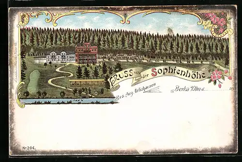 Lithographie Berka /Ilm, Gasthaus Sophienhöhe mit Umgebung aus der Vogelschau