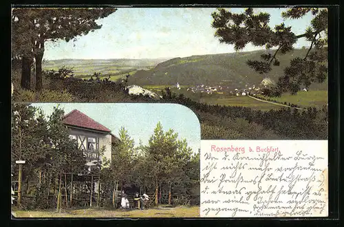 AK Rosenberg bei Buchfart, Gesamtansicht aus der Ferne, Gasthaus mit Garten