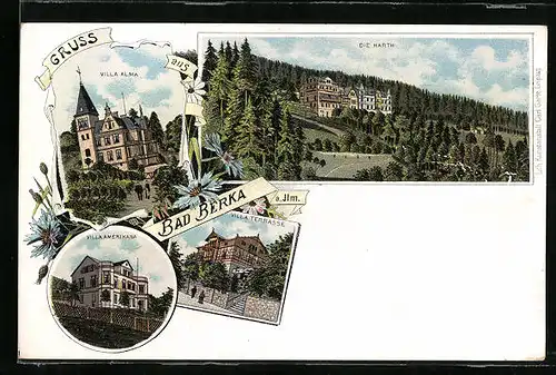 Lithographie Bad Berka /Ilm, Die Harth, Villa Alma, Villa Terrasse und Villa Amerikana