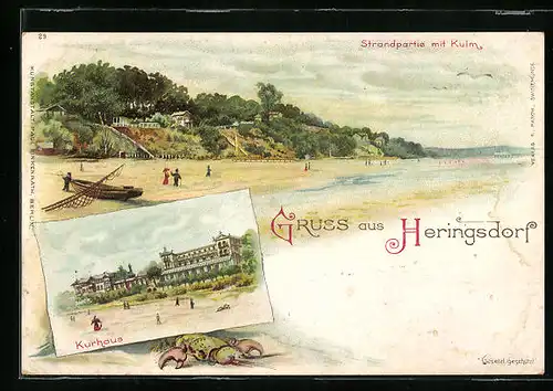 Lithographie Heringsdorf, Strandpartie mit Kulm und Kurhaus