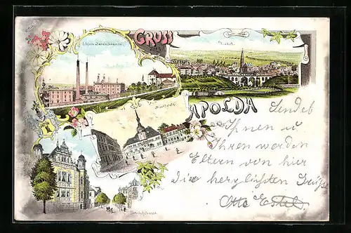Lithographie Apolda, Ortsansicht mit Viaduct, Schloss- und Vereinsbrauerei, Marktplatz und Bahnhofstrasse
