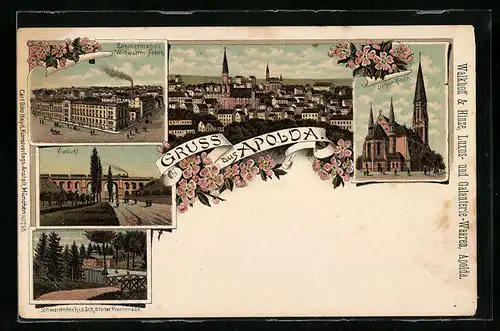 Lithographie Apolda, Ortsansicht, Viadukt, Zimmermanns Wollwaaren-Fabrik, Schwanenteich in der Schötener Promenade