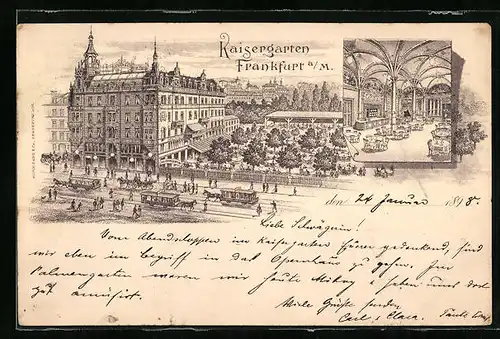 Lithographie Frankfurt a. M., Partie am Kaisergarten mit Strasse und Pferdebahnen aus der Vogelschau