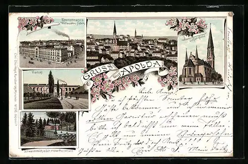 Lithographie Apolda, Teilansicht, Zimmermanns Wollwaaren-Fabrik, Luther-Kirche, Viadukt