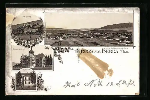 Lithographie Bad Berka /Ilm, Ortsansicht mit Umgebung, Die Hardt, Kurhaus und Wilhelmsburg