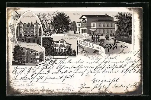 Lithographie Bad Berka /Ilm, Partie am Kurhaus, Küsters Logirhaus, Wettiner Haus und Villa Rosenthal