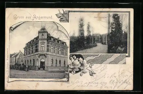 Passepartout-AK Angermund, Gastwirtschaft zur Stadt Angermund - Gebäude mit Fuhrwerk und Strasse, Gartenanlagen