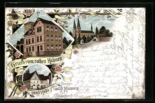 Lithographie Arenberg bei Ehrenbreitstein, Gasthaus Rother Hahn und Kirche