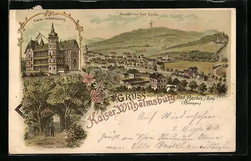 Lithographie Bad Berka /Th., Ortsansicht mit Bahnhof aus der Vogelschau, Kaiser-Wilhelmsburg, Goethe-Allee
