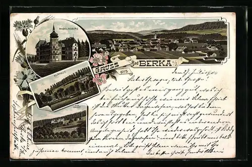 Lithographie Bad Berka /Ilm, Wilhelmsburg, Kurhaus, Ortsansicht, Die Hardt