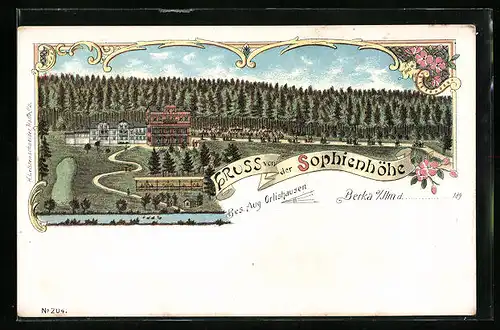 Lithographie Bad Berka /Ilm, Gasthaus Sophienhöhe mit Anlagen und Waldblick aus der Vogelschau