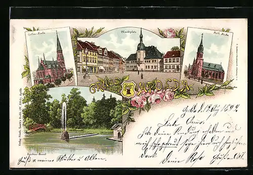 Lithographie Apolda, Partie am Marktplatz, Schötner-Grund, Evangelische Kirche, Katholische Kirche