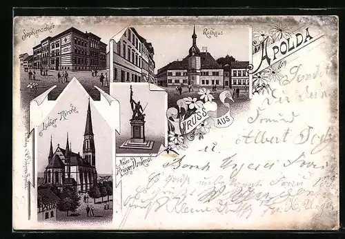 Lithographie Apolda, Rathaus, Sophienschule, Luther Kirche