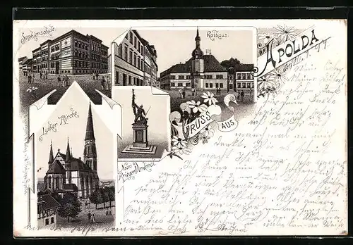 Lithographie Apolda, Rathaus, Sophienschule, Luther Kirche