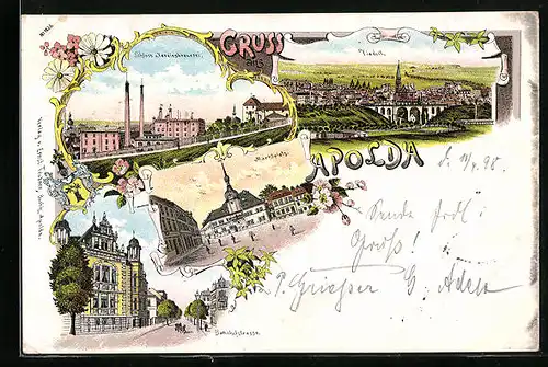 Lithographie Apolda, Bahnhofstrasse, Marktplatz