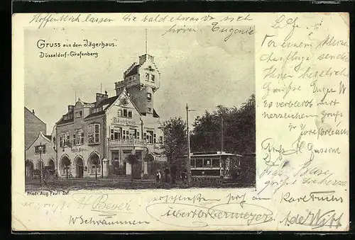 AK Düsseldorf-Grafenberg, Gasthof Jägerhaus mit Strassenbahn