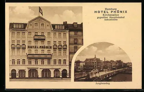 AK Hamburg, Hotel Phönix in der Kirchenallee gegenüber Hauptbahnhof, Jungfernstieg