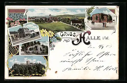 Lithographie Halle i. W., Totalansicht mit Bahnhof, Ravensburg, Privatschule