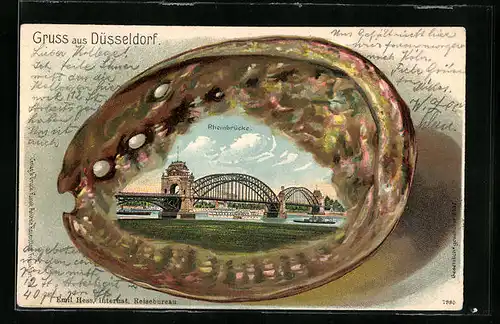 Passepartout-Lithographie Düsseldorf, Rheinbrücke, Muschel