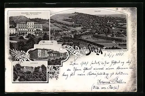 Lithographie Bad Sulza, Schloss Sonnenstein, Saline, Kinderheilbad und Kurhaus