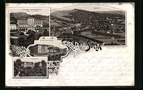 Lithographie Bad Sulza, Schloss Sonnenstein, Saline, Kinderheilbad und Kurhaus