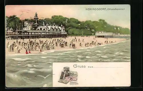 Lithographie Heringsdorf, Blick zum Restaurant und Strandkasino