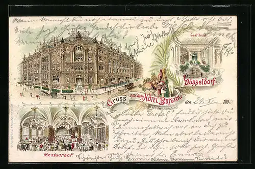 Lithographie Düsseldorf, Hotel Bristol, Innenansicht von Restaurant und Vestibule