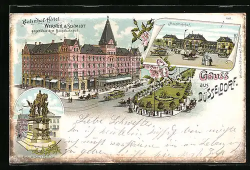 Lithographie Düsseldorf, Bahnhof-Hotel Werner & Schmidt, Hauptbahnhof und Kaiser Wilhelm I.- Denkmal