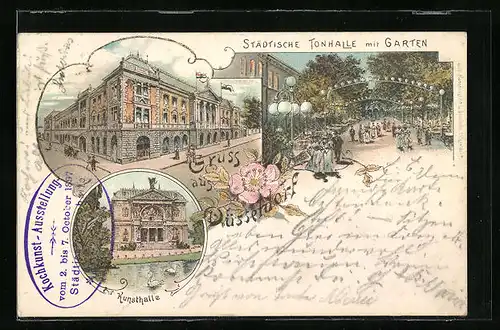 Lithographie Düsseldorf, Städtische Tonhalle mit Garten, Kunsthalle
