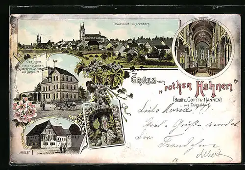 Lithographie Düsseldorf, Gasthaus zum rothen Hähnen, Totalansicht von Arenberg