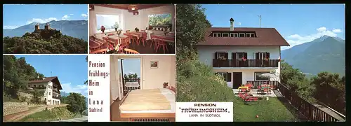 Klapp-AK Lana bei Meran, Hotel-Pension Frühlingsheim mit Innenansichten
