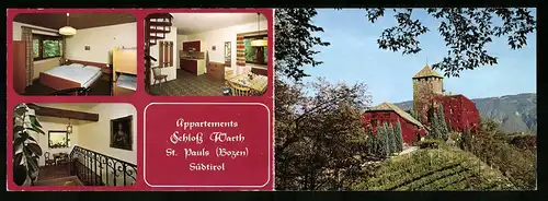 Klapp-AK St. Pauls bei Bozen, Hotel Schloss Warth mit Innenansichten