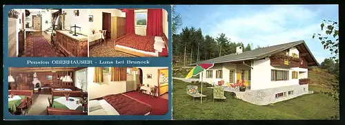 Klapp-AK Luns bei Bruneck, Hotel-Pension Oberhauser mit Innenansichten