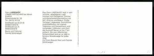 Klapp-AK Partschins bei Meran, Gasthaus Garni Lindenhof in der Zehentstrasse 25