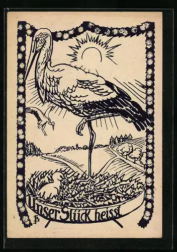 Künstler-AK Klapperstorch auf seinem Nest mit einem Küken