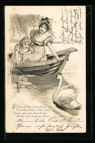 Präge-AK Zwei Mädchen im Boot begegnen einem Schwan